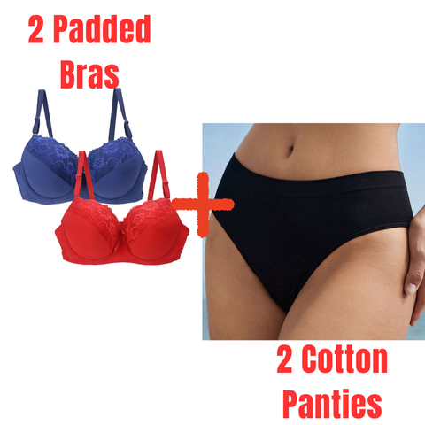 Pack of 2 Padded Bra for Women (32-50 Size)+ Pack of 2 Cotton Basic Panty-Combo Deal 17
