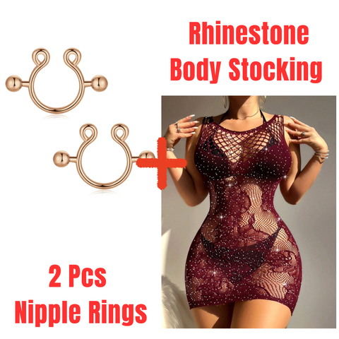 1 Rhinestone Half Body Stocking+ 2 PCs Nipple Rings- Combo Deal 19
