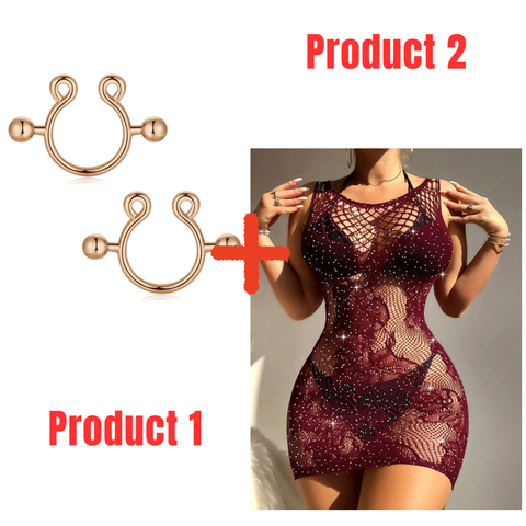 1 Rhinestone Half Body Stocking+ 2 PCs Nipple Rings- Combo Deal 19