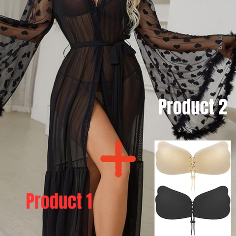 2 Pcs Mesh Sleepwear Women Open Cardigan+ Sticky Bra, Backless Strapless Bra Push Up, Adhesive Invisible Lift Up Bra-Combo Deal 22