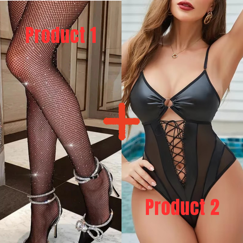 U Leather Bodycon Strap Design One-piece Nighty+Shiny Rhinestone Hollow Out See Through Fishnet Stocking-Combo Deal 24
