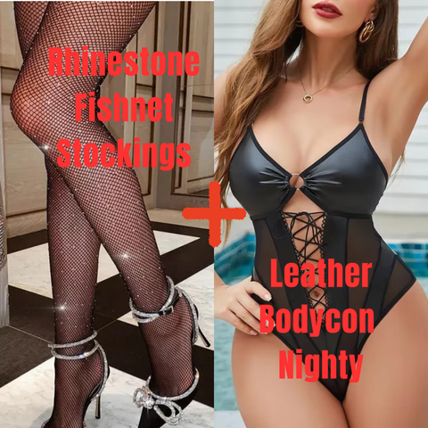 U Leather Bodycon Strap Design One-piece Nighty+Shiny Rhinestone Hollow Out See Through Fishnet Stocking-Combo Deal 24