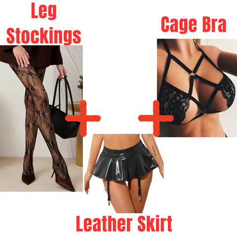 Pack of 3 Leg Stockings+Cage Bra+Leather Skirt-Combo Deal 26