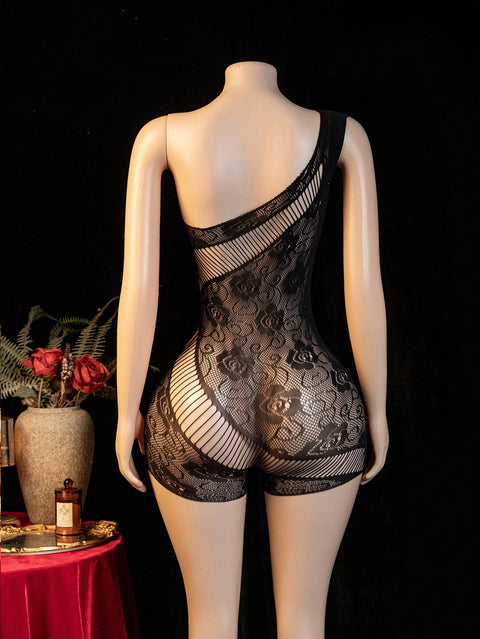 Women's Lace Floral Hollow Out Sexy Romper Style Half Body Stocking (354-001344)