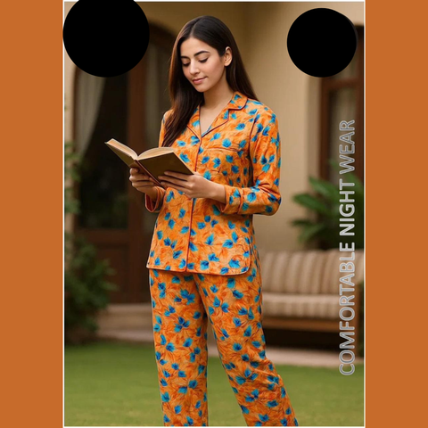 2 PCs Orange with Sea Green Flower Pattern Suit