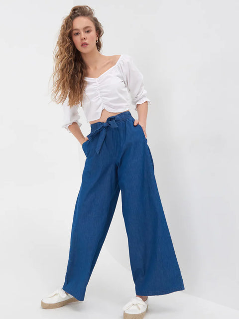 Wide Leg Palazzo Trousers with Tie Waist