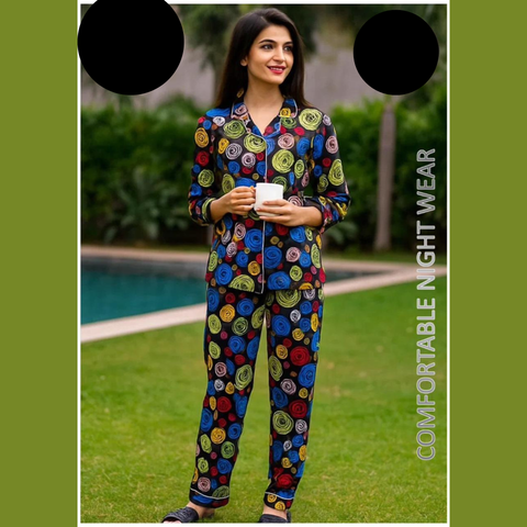 2 PCs Black Flower Pattern Night Dress