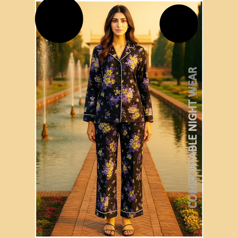 2 PCs Black and Purple Yellow Flowery Pattern Night Dress