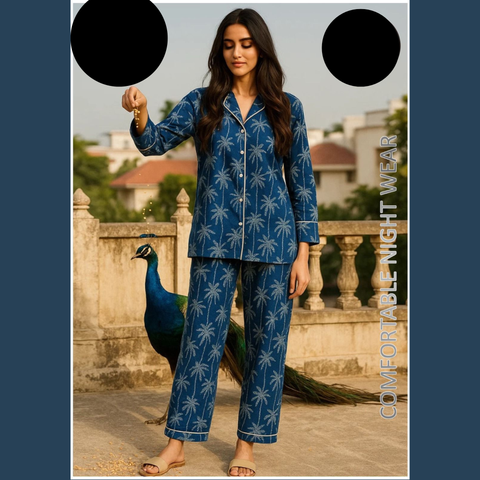 2 PCs Blue with White Palm Trees Pattern Night Dress