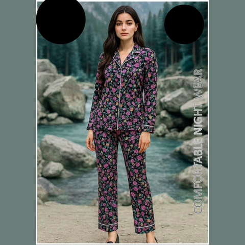 2 PCs Black, Purple and Orange Pattern Night Dress