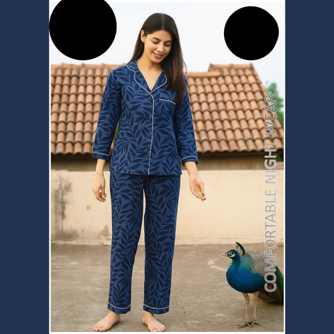 2 PCs Blue and Dark Blue Vine Pattern Night Dress