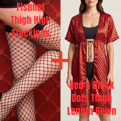 Pack of 2( 1 Fishnet Thigh High Stockings+ 1 Red & Black Dots Thigh Length Gown ) Combo Deal 42