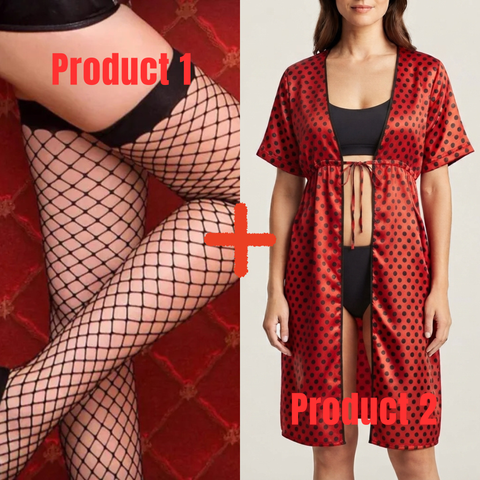 Pack of 2( 1 Fishnet Thigh High Stockings+ 1 Red & Black Dots Thigh Length Gown ) Combo Deal 42