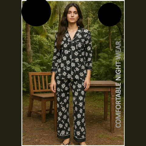 2 PCs Black & White Lilly Flower Pattern Night Dress