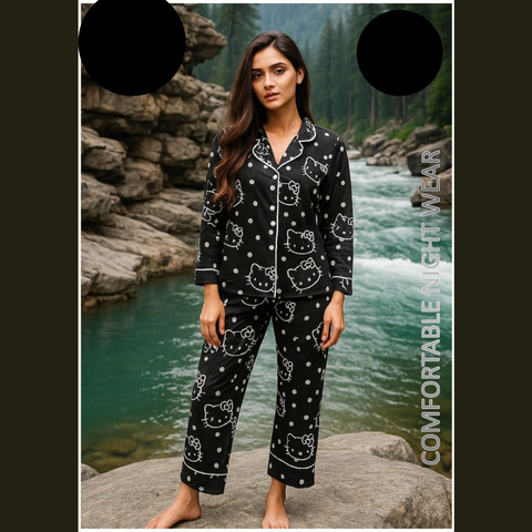 2 PCs Black & White Kitty Pattern Night Dress