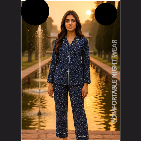 2 PCs Blue and Dark Pattern Night Dress