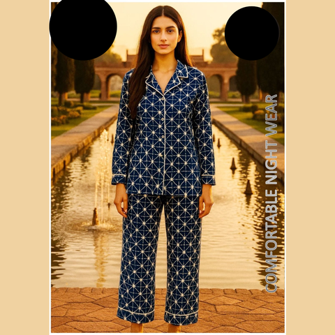 2 PCs Blue and White Geometric Pattern Night Dress