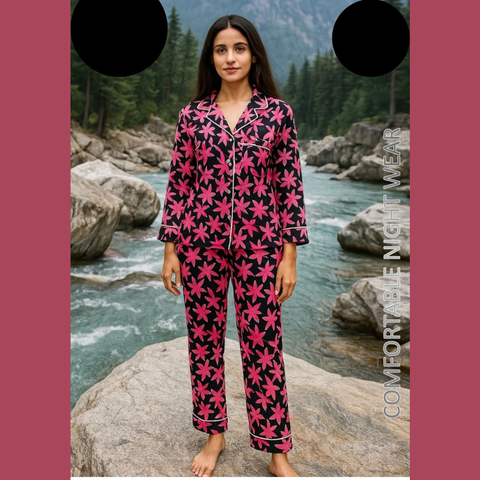 2 PCs Black and Pink Leaf Pattern Night Dress