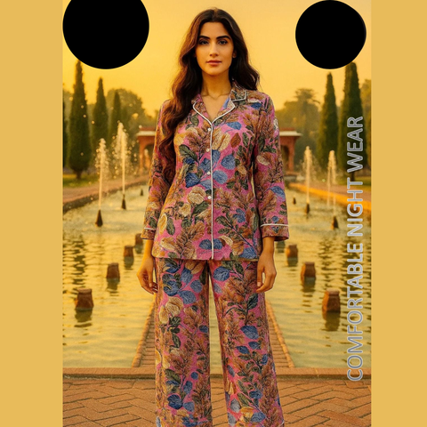 2 PCs Pink and Ferozi Leaf Pattern Night Dress