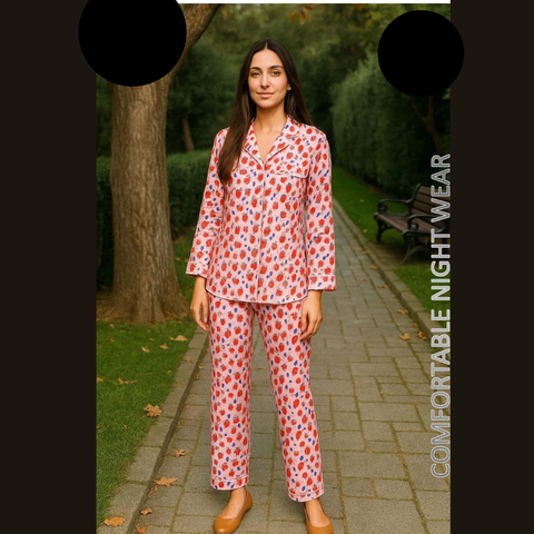 2 PCs Pink & Red Flowery Pattern Night Dress