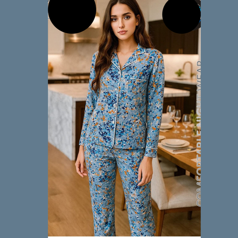 2 PCs Powder Blue Small Dots Pattern Night Dress