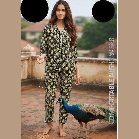 2 PCs Black and Yellow Flowery Pattern Night Dress