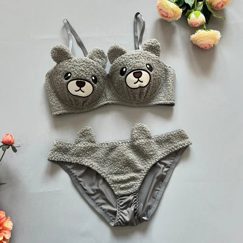 2 PCs Bear Faced Super Soft Winter Bra and Panty Set