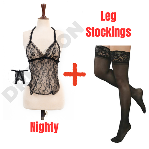 1 Black Babydoll Halter Style Net Nighty for Women + 1 Black Leg Stockings-Combo Deal 6