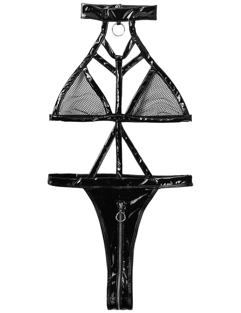 Front Zipper Halter Neck Leather Bodysuit