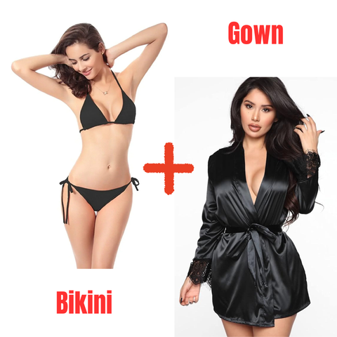 Black Bikini + Black Beautiful Bridal Silk Short Gown -Combo Deal 7