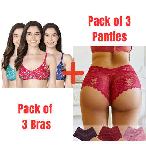 Pack of 3 Plant Lace Scallop Trim Panty + Pack of 3 Full Coverage Cotton Printed Everyday Bra- Combo Deal 9