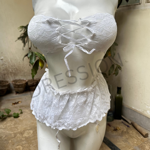 2 PCs Babydoll Nighty with Strapless Top and Garter Belt Skirt for Women