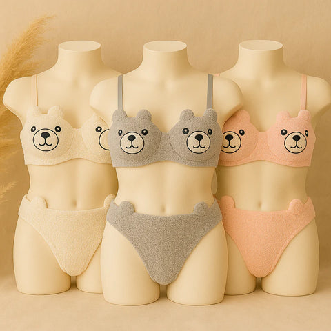2 PCs Bear Faced Super Soft Winter Bra and Panty Set