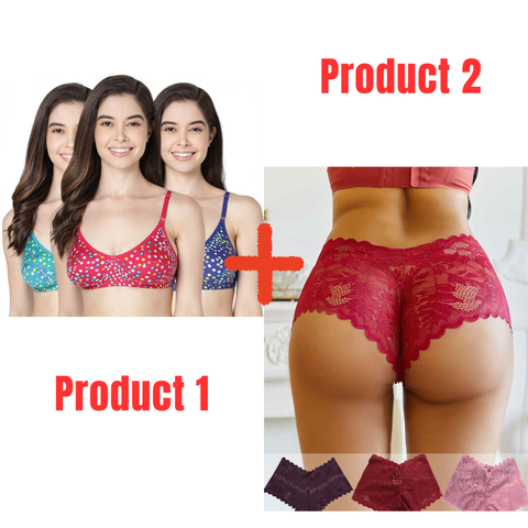 Pack of 3 Plant Lace Scallop Trim Panty + Pack of 3 Full Coverage Cotton Printed Everyday Bra- Combo Deal 9