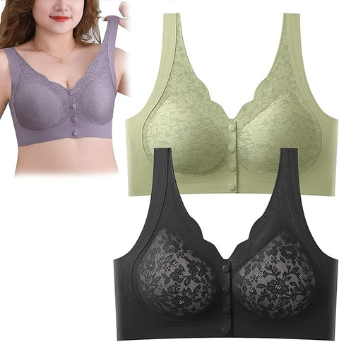 Full Coverage Front Closure Lace Lifting Anti-Sagging Wireless Push-Up Bra for Women