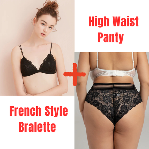 Lace Bralette French Style Soft Thin Bra + High Waist Plus Size Lace Panty for Women- Combo Deal 10
