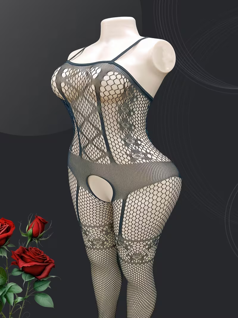 Sexy Transparent Cut-Out Fishnet Bodysuit with Suspender Full Body Stocking