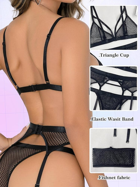 4 PCs Block Style Charm Mesh Garter Lingerie Set
