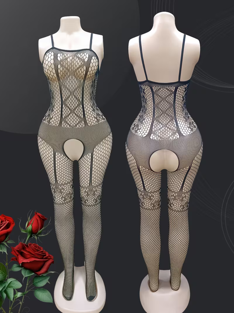 Sexy Transparent Cut-Out Fishnet Bodysuit with Suspender Full Body Stocking