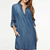Autumn Women's Long Sleeve Denim Dress V-Neck Blue Washed Casual Mini Dress Plus Size