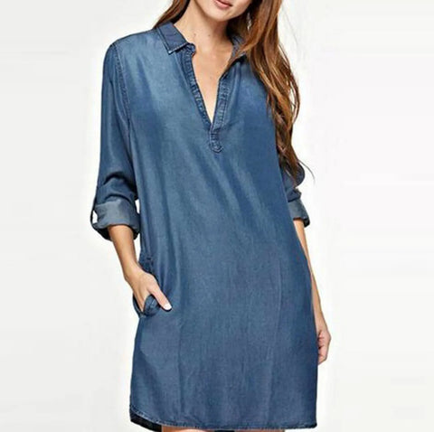 Autumn Women's Long Sleeve Denim Dress V-Neck Blue Washed Casual Mini Dress Plus Size