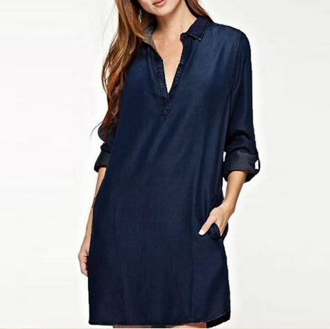 Autumn Women's Long Sleeve Denim Dress V-Neck Blue Washed Casual Mini Dress Plus Size