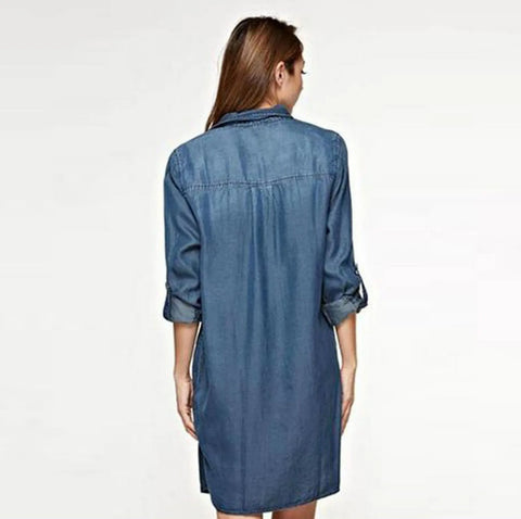 Autumn Women's Long Sleeve Denim Dress V-Neck Blue Washed Casual Mini Dress Plus Size