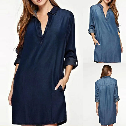 Autumn Women's Long Sleeve Denim Dress V-Neck Blue Washed Casual Mini Dress Plus Size