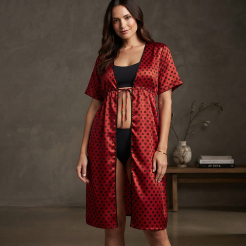Red & Black Dots Thigh Length Gown