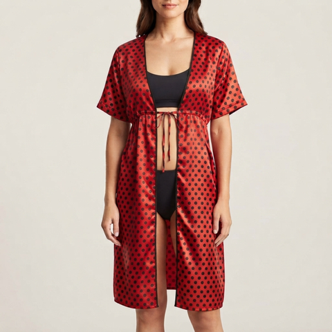 Red & Black Dots Thigh Length Gown