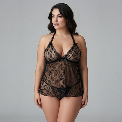 Black 2PCs Babydoll Halter Style Net Nighty for Women