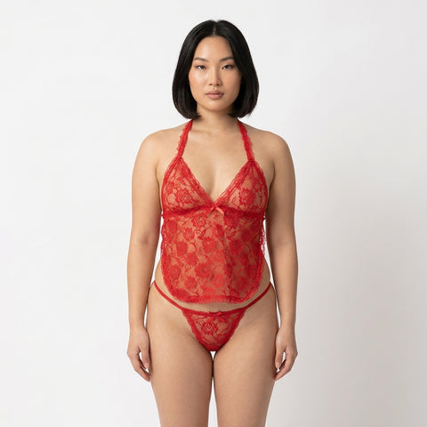 Red 2PCs Babydoll Halter Style Net Nighty for Women