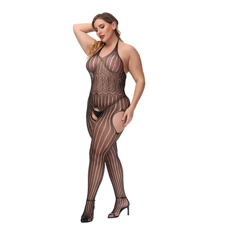 Sexy Fishnet Open Crotch Plus Size Nylon Full Body Stocking (JT1209B)