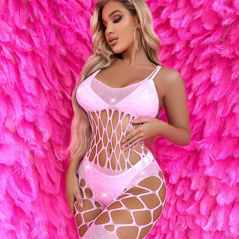 Fishnet Big Square Rhinestone Full Body Stocking